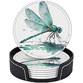 Famame 6 Pcs Blue Watercolor Dragonfly Leather Coasters for Drinks with Holder Coaster Sets Drink Table Cup Coasters for Living Room Kitchen Coffee Decor