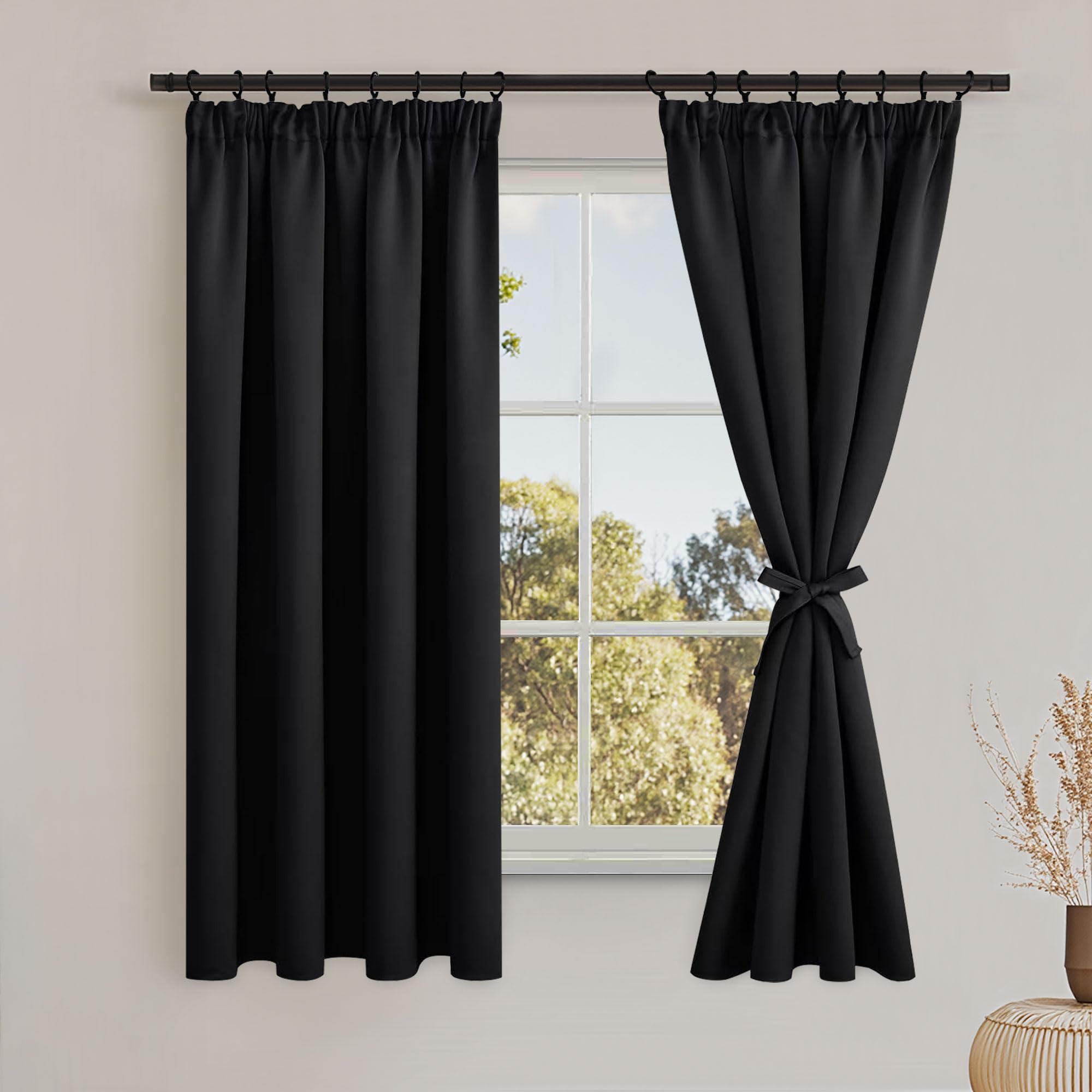 DWCN Black Blackout Curtains for Bedroom Pencil Pleat Curtains Thermal Insulated Drapes for Home Decoration Room Darkening Window Treatment for Living Room, 46 x 72 inch Length, 2 Panels
