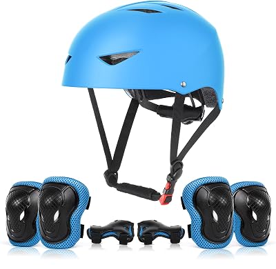ValueTalks Kids Helmet and Pads Set 5-12 Years Blue 7-in-1 Protective Gear