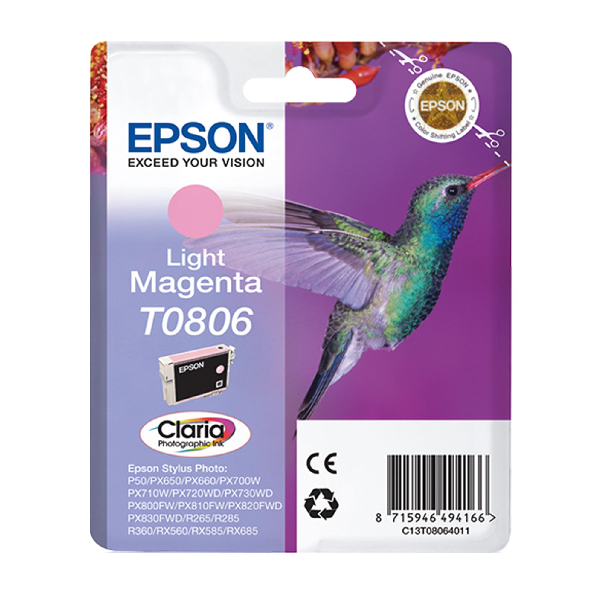 Epson T0806 Light Magenta Hummingbird Genuine Ink, Claria Photo HD Ink Cartridge — image 1