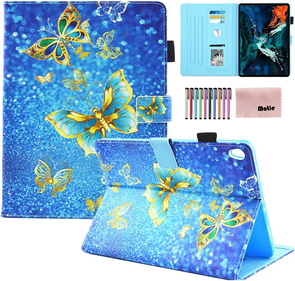 New iPad Pro 11 2018 Kids Case, Motie PU Leather Stand Protective Wallet Smart Cases and Covers with Auto Sleep/Wake Function for Apple iPad Pro 11 Inch 2018 with Stylus Holder, Blue Butterfly