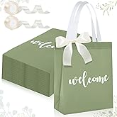 party greeting 50 Pack Sage Green Welcome Bags for Wedding Guests Gift Bags Welcome Wedding bag Non-Woven Bags Bulk with Handle and Ribbon Bow for Party Birthday Baby Shower