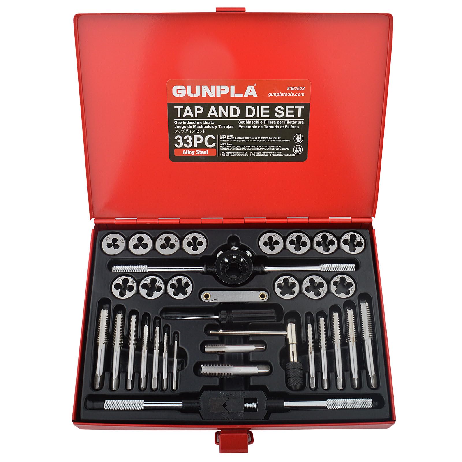 Gunpla 33pcs Tap and Dies Set Metric and SAE Heavy Duty Tungsten Alloy Steel Screw Threads Cutting Tools Taper Drill Threading Kit with Red Metal Storage Case