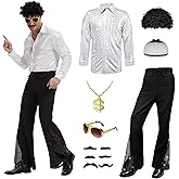 KDAFJLKD 6 Pcs 70s Disco Outfit Costume for Men Dance Bell Bottom Pants Retro Shirts Moustache Sunglasses Wigs Necklace