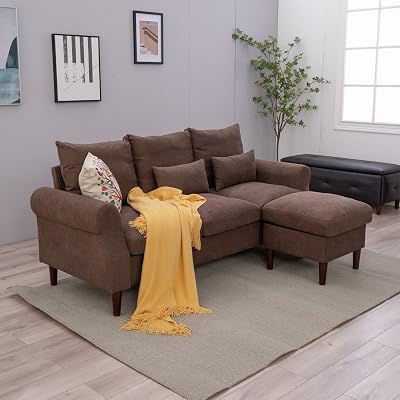 Panana Brown Fabric Corner Sofa Couch L Shape 3 Seater Settee Lounge Ottoman