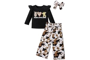 CRISONE Toddler Girl Clothes Letter Print Ruffled Shirt+Long Pants+Headband 3pcs Cute Fall Outfit Set
