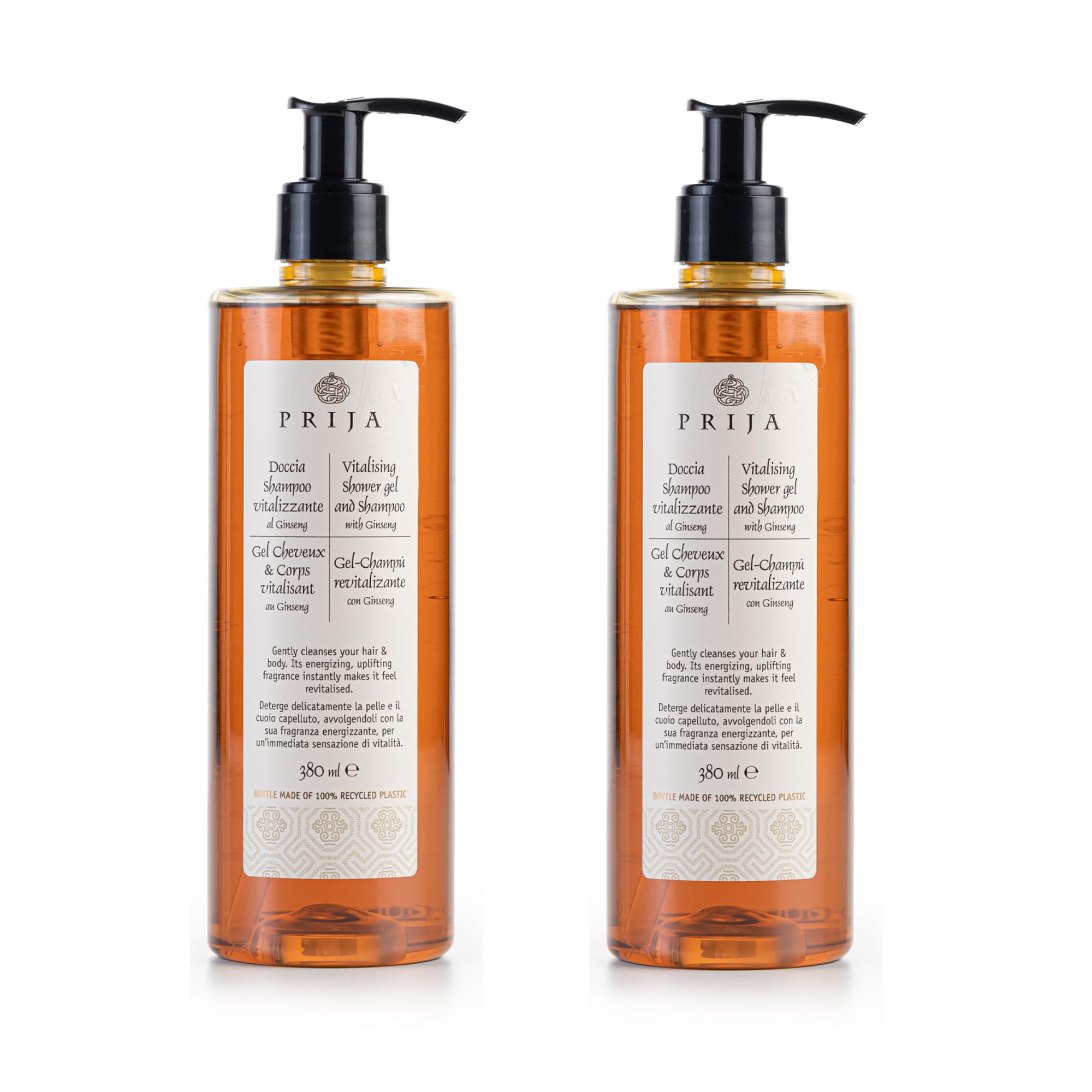 Prija Vitalising 2 in 1 Shower Gel and Shampoo with Ginseng Extract, Hydrating and Energising Hair and Body Wash Gel with Pump Dispenser, Luxurious Shower Gel 2 x 380ml