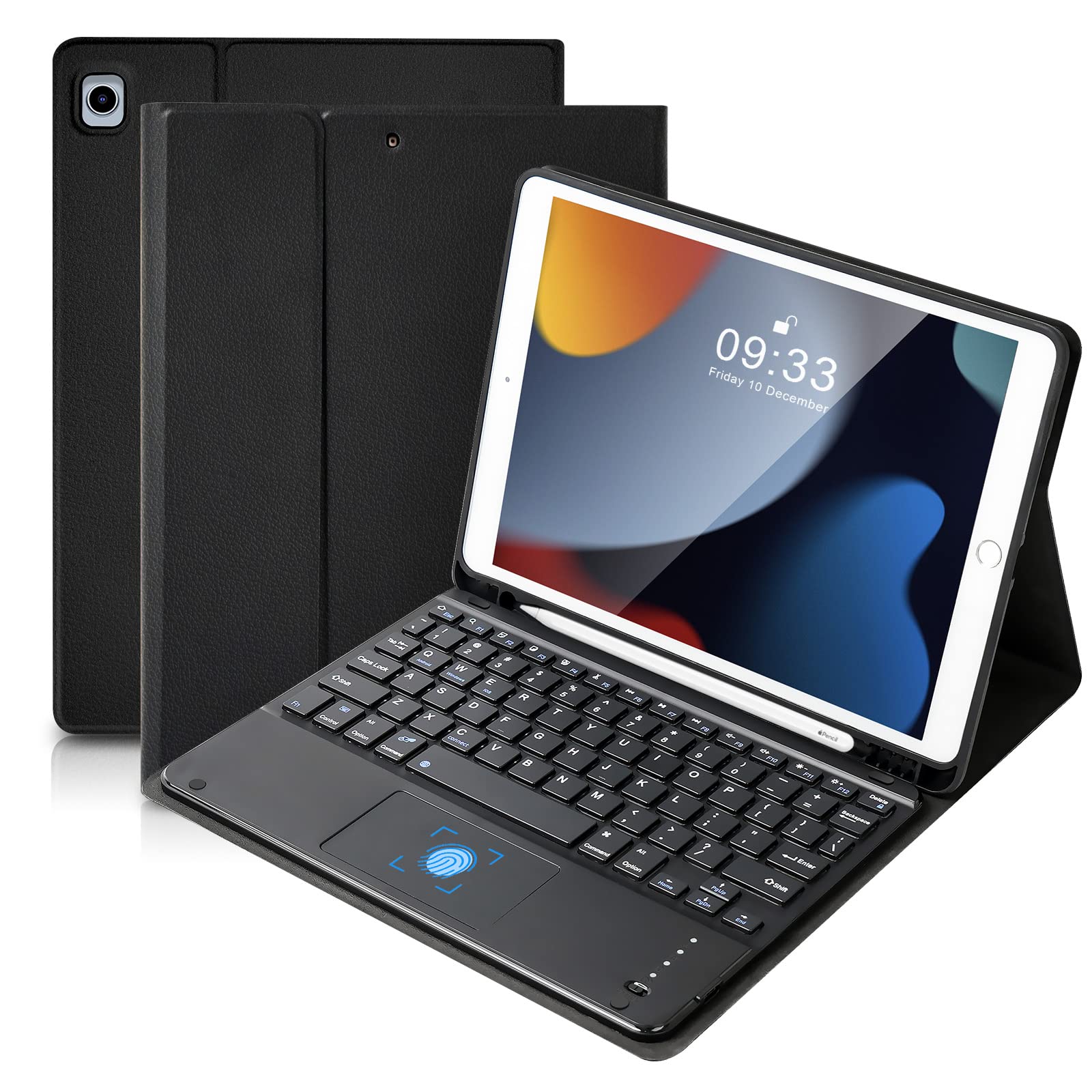 SOPPY Bluetooth Keyboard Case with Touchpad for iPad 9th Gen 2021, 8th Gen 2020, 7th Gen 10.2" 2019, Air 3 & Pro 10.5", Detachable Wireless, Slim Protective Cover, with Pencil Slot, UK Layout, Black