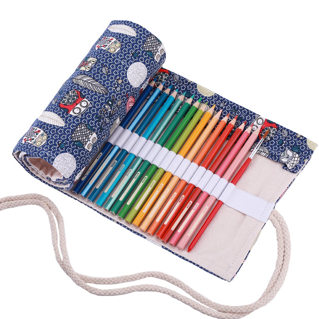 Amoyie Roll Up Pencil Case for 72 Coloured Pencils, Foldable Colouring Pen Organiser Bag, Canvas Coloring Pens Holder, Artist Wrap, Blue Owl