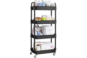 UDEAR 4-Tier Rolling Utility Cart with 12 Category Labels,Multifunctional Storage Shelves with Handle and Lockable Wheels for Room,Office,Kitchen,Bathroom,Black
