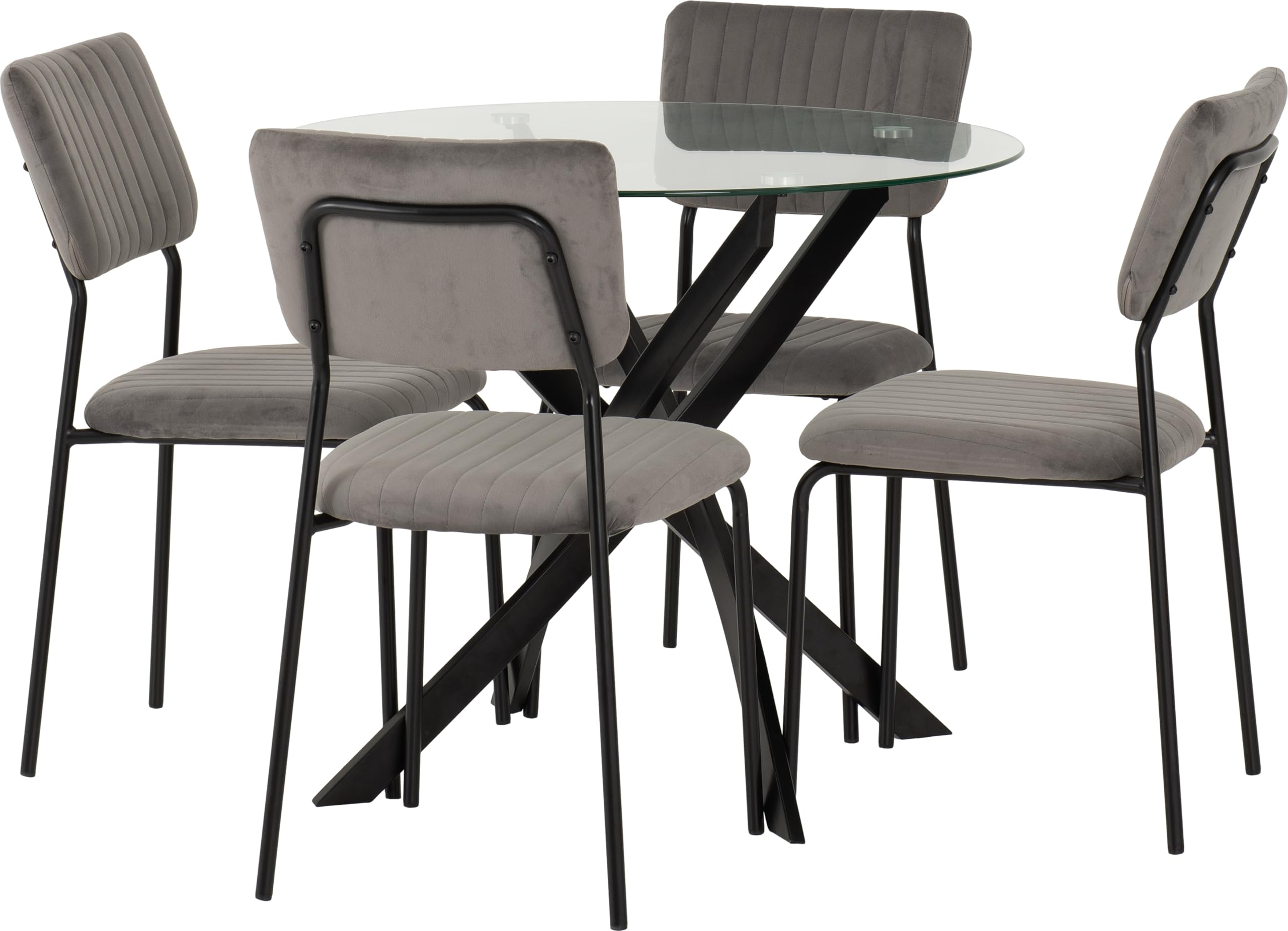 Seconique Sheldon Round Glass Top Dining Set with 4 Dining Chairs in Clear Glass/Black/Grey Velvet Fabric