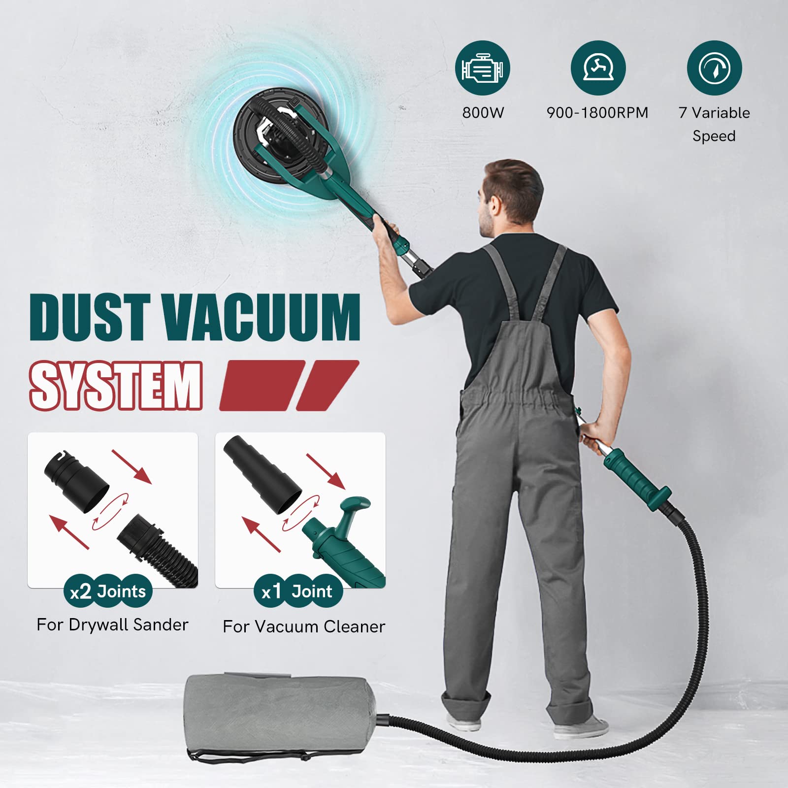 NEU MASTER Electric Drywall Sander - Variable Speed Pole With Vacuum, 900-1800RPM Foldable Ceiling Sander, 12 Sanding Discs, LED Light, Extendable Handle, Dust Bag and Hose