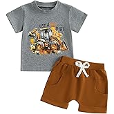 Toddler Baby Boy Clothes Summer Short Sleeve Trucks Tractors Print T-Shirt Tops Solid Color Shorts Set Casual Outfit