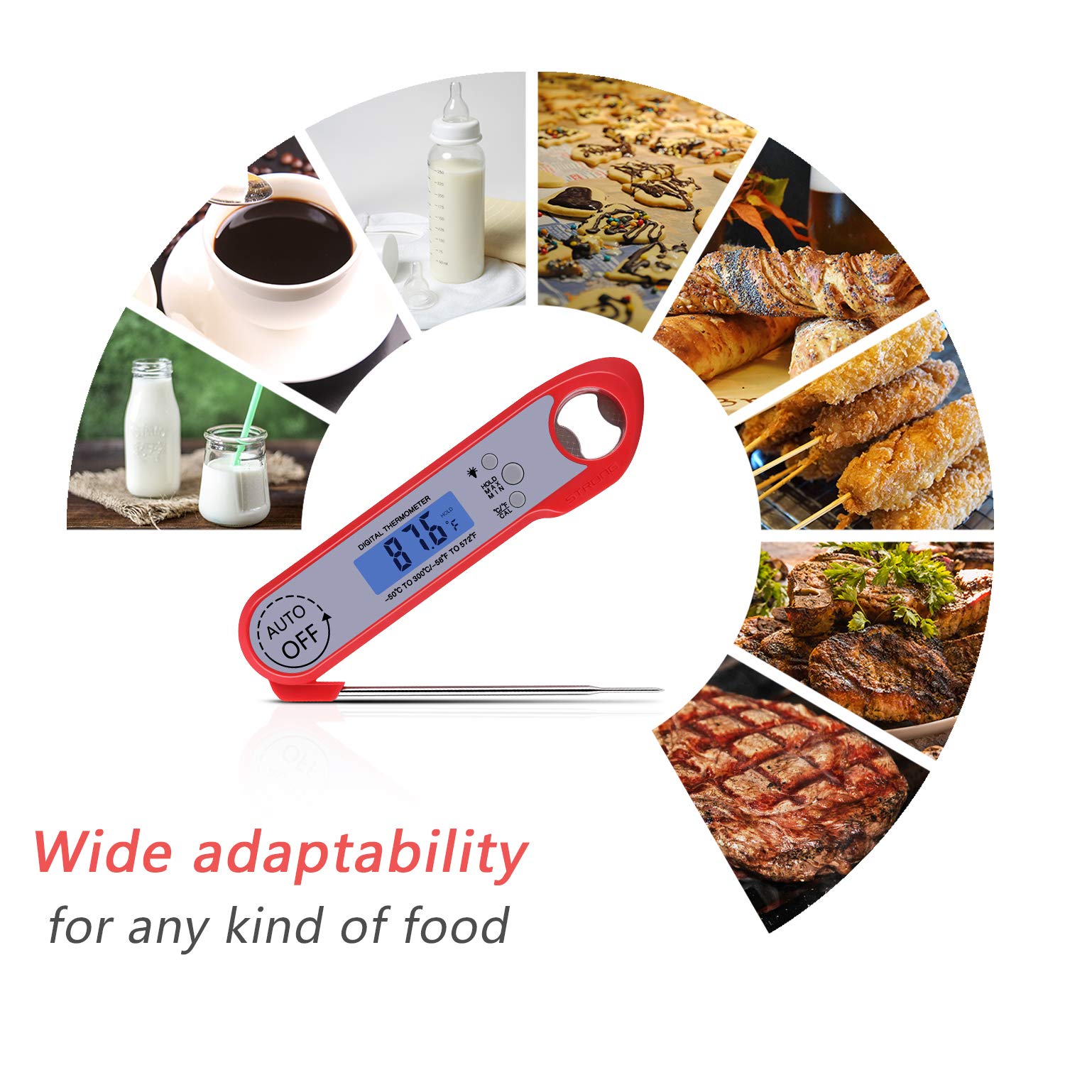 Meat Thermometer, Digital Instant Read Food Thermometer Waterproof with Folding Probe/Backlight/Hold Function and Bottle Opener for Cooking