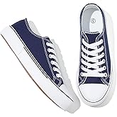 Adokoo Canvas Tennis Shoes for Women Low Top Casual White Black Sneakers for Women Lace Up Fashion Comfortable Walking Shoes