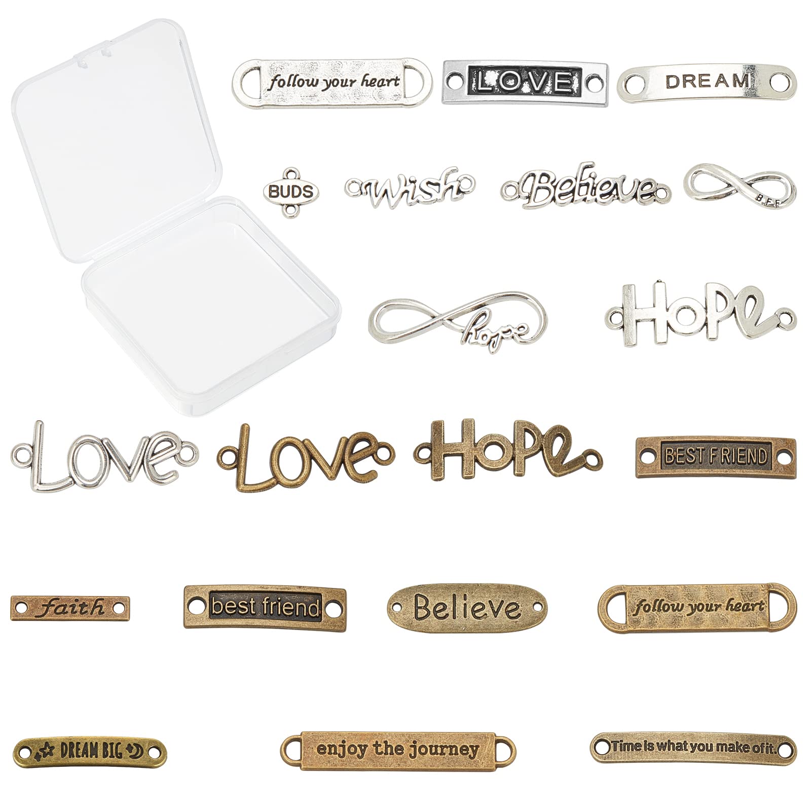 SUNNYCLUE 1 Box 20 Styles Connector Charms Tibetan Style Inspiration Words Infinity Love Heart Letter BFF Links Alloy Metal Pendants for Jewelry Making DIY Necklace Bracelet Crafting, 2 Colors