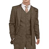 Men's Tweed Herringbone Suit 3 Piece Retro Slim Fit Prom Wedding Groom Tuxedos Set Brown Blazer Vest Pants