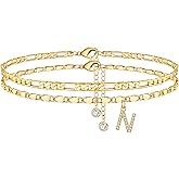 Ursteel Ankle Bracelets for Women, 14K-Gold-Plated Dainty Layered Chain CZ Initial Anklets Set Summer Jewelry Gifts for Women