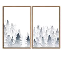 SIGNWIN Framed Canvas Print Wall Art Foggy Navy Blue Pine Forest Nature Trees Watercolor Minimalism Contemporary Relax/Calm for Living Room, Bedroom, Office - 16