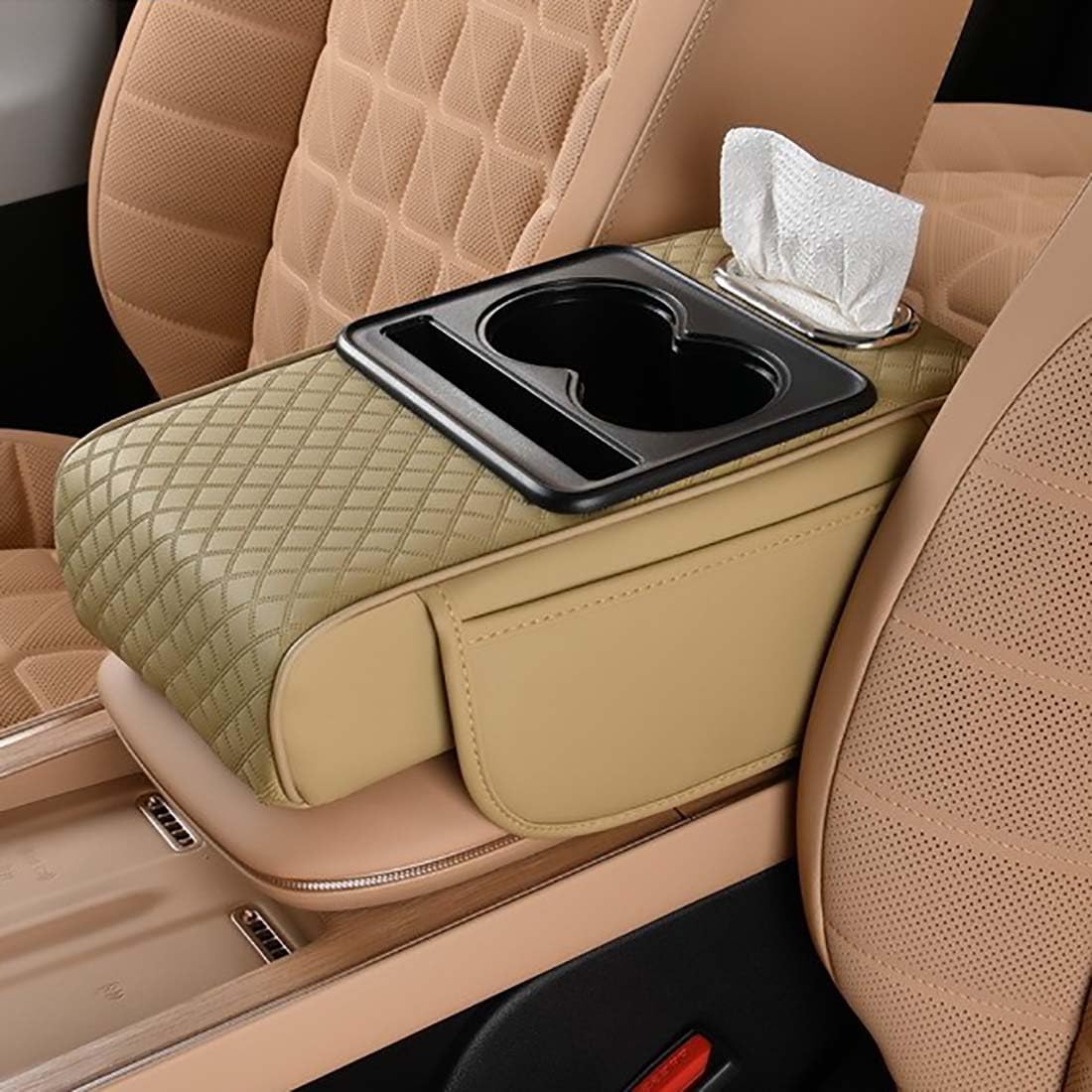 Photo 1 of Car Armrest Cushion for SUV with Cup Holder 2.75"Height,5-in-1 Center Console Cover with 2 Storage Bags, Tissue Box Slot, Phone Slot for Sedans, Car Accessories Interior Organizers (Beige)