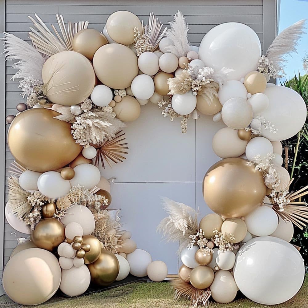 Photo 1 of White Sand Gold Balloon Arch - Double Stuffed Pastel Cream Matte Neutral Nude Beige Balloon Garland Kit for Boho Baby Shower Birthday Bridal Wedding Fall Party Decoration