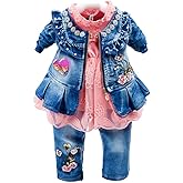 Peacolate 6M-4Years Spring Fall Baby Girls Clothing Set 3pcs Long Sleeve Dress Denim Jacket and Jeans