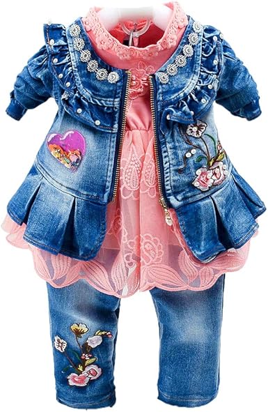 Amazon Com Primavera Otono Bebe Ninas Conjunto 3pcs Manga Larga Camiseta Denim Chaqueta Y Jeans Clothing