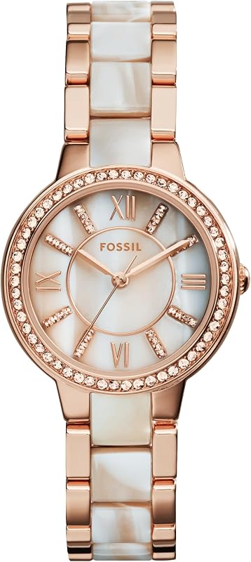 Virginia Uhr für Damen, Quarzwerk mit Edelstahl- oder Lederarmband, Roségoldton und Perlton mit Glitter, 30MM
