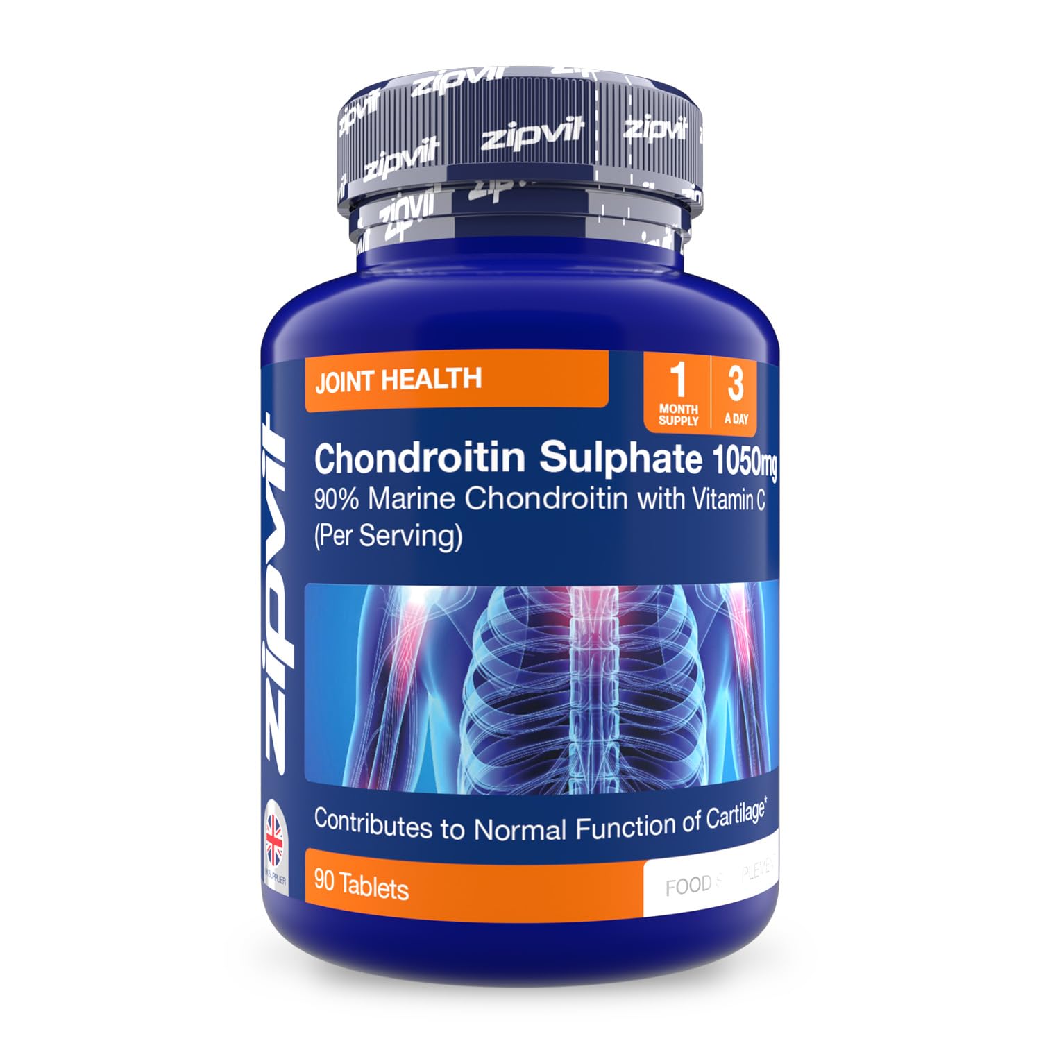 Zipvit Chondroitin Sulphate 1050mg with Vitamin C, 90 Tablets, 90% Pure Marine Chondroitin Joint Care Supplement for Women & Men
