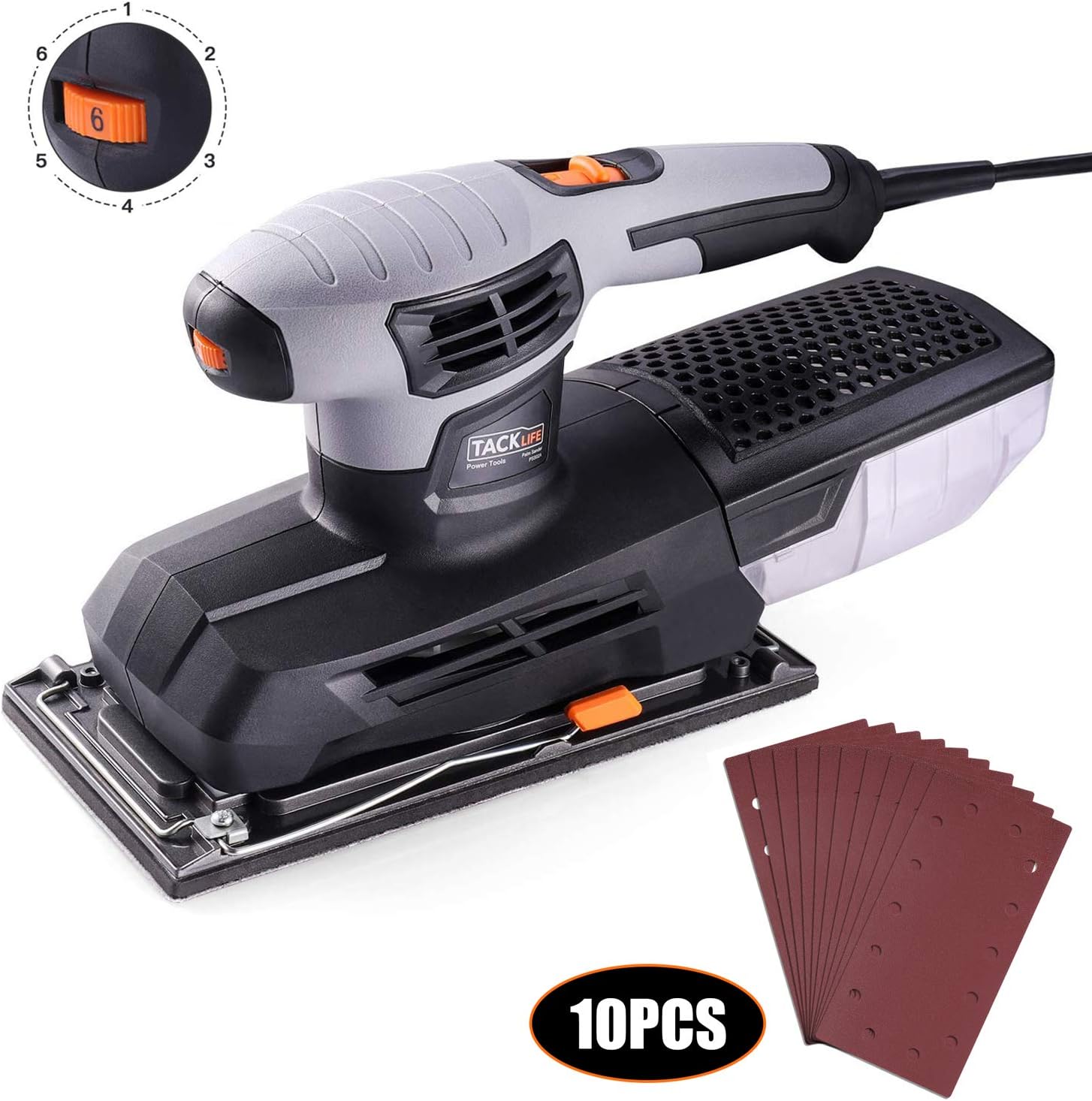 Sheet Sander TACKLIFE 9x4.5Inch Larger Aluminum Sanding Base, 6 Variable Speeds, 12, 000 Opm 1/2 Sheet Orbital Sander, 10Pcs Sanding Sheets, Hook and Loop Pad, Quick Locking System PSS02A - - 
