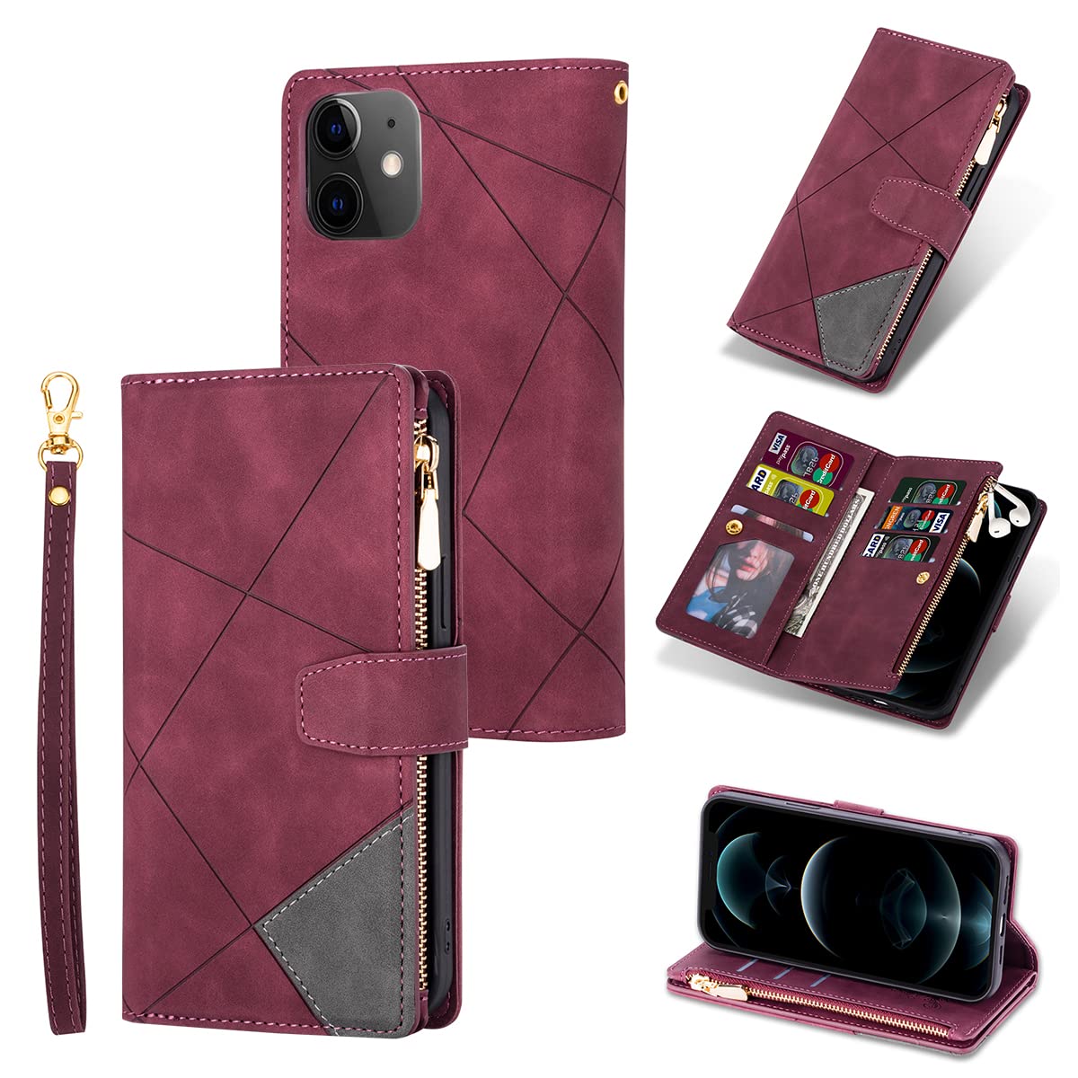 UEEBAI Wallet Case for iPhone 11 6.1, Vintage Premium PU Leather Cover Flip Case with Card Slots Magnetic Closure Zipper Pocket Kickstand Handbag with Hand Strap - Splice Wine Red