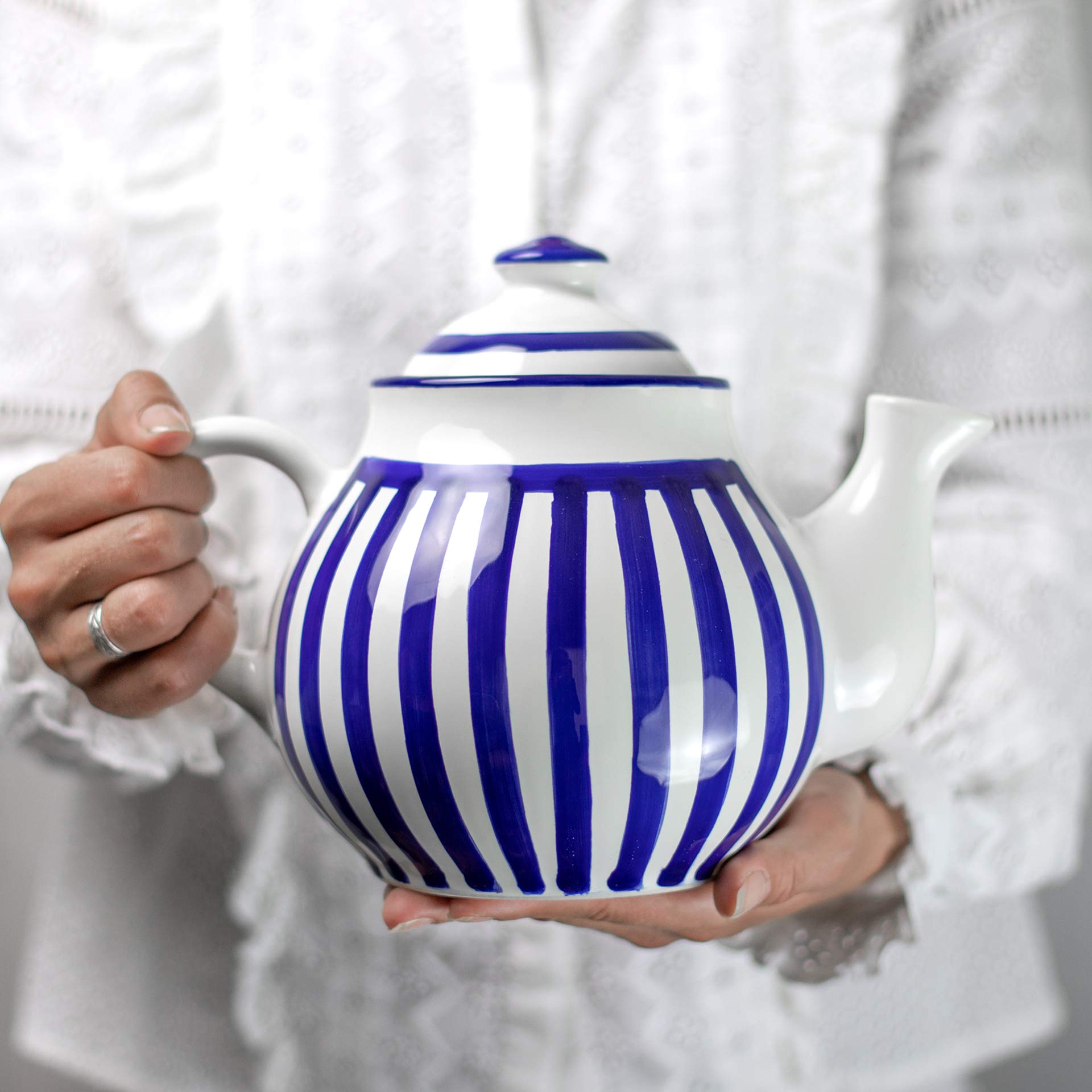 City to Cottage Ceramic 60 oz Teapot, Large Tea Pot for Bloomig and Loose Tea Leaf, Handcrafted Premium Teaware, Navy Blue Stripe Coastal Tea Pot for (5-6 Cups) Serving Tea, Teapot for Tea Lovers