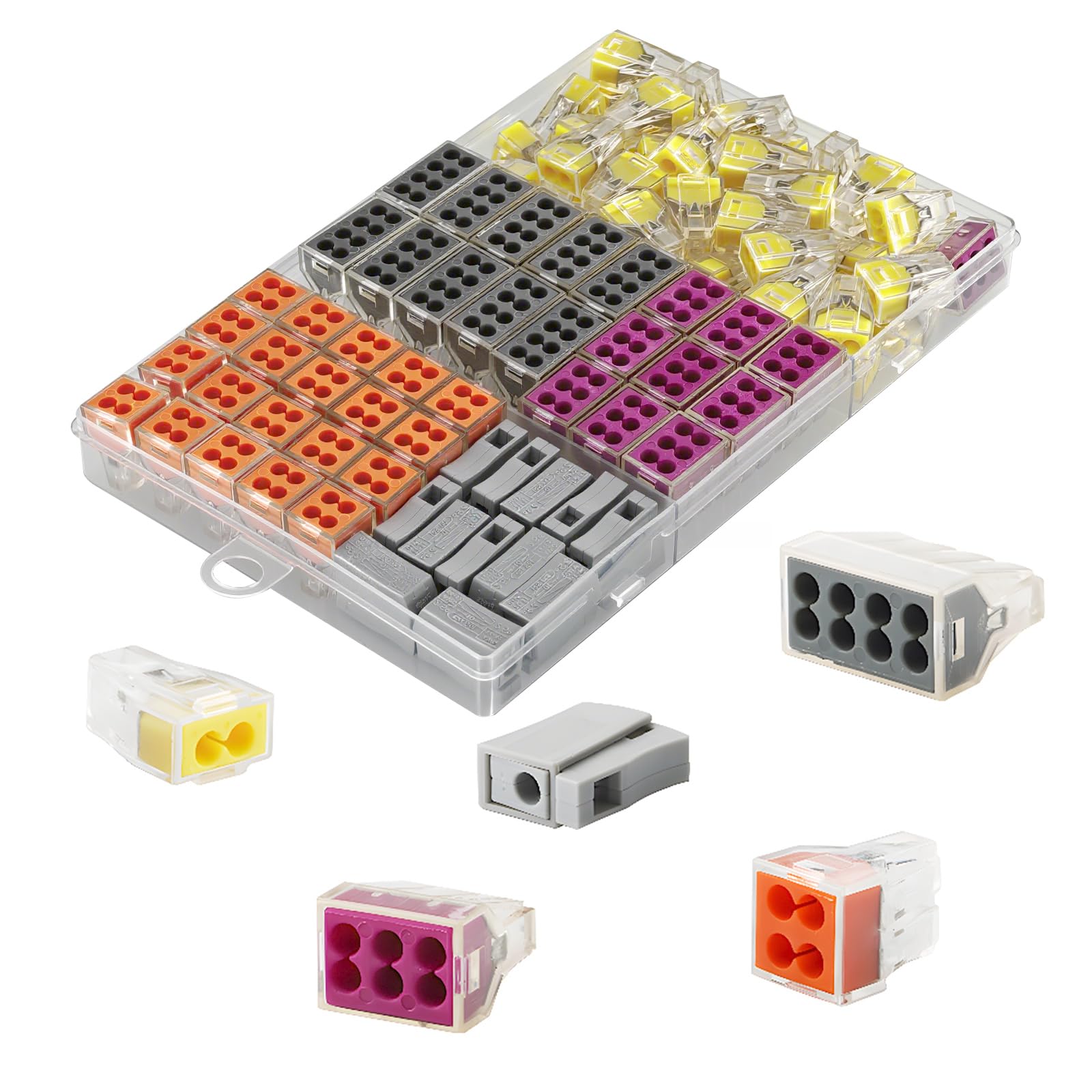 CESFONJER Connectors Professional Installation Box 92piece kit, 0.5-2.5 mm² Nylon Wall-Nuts Push-Wire Connector Terminal Block, 2 Way x 40P / 4 Way x 20P / 6 Way x 10P / 8 Way x 10P / 1 Way x 12P