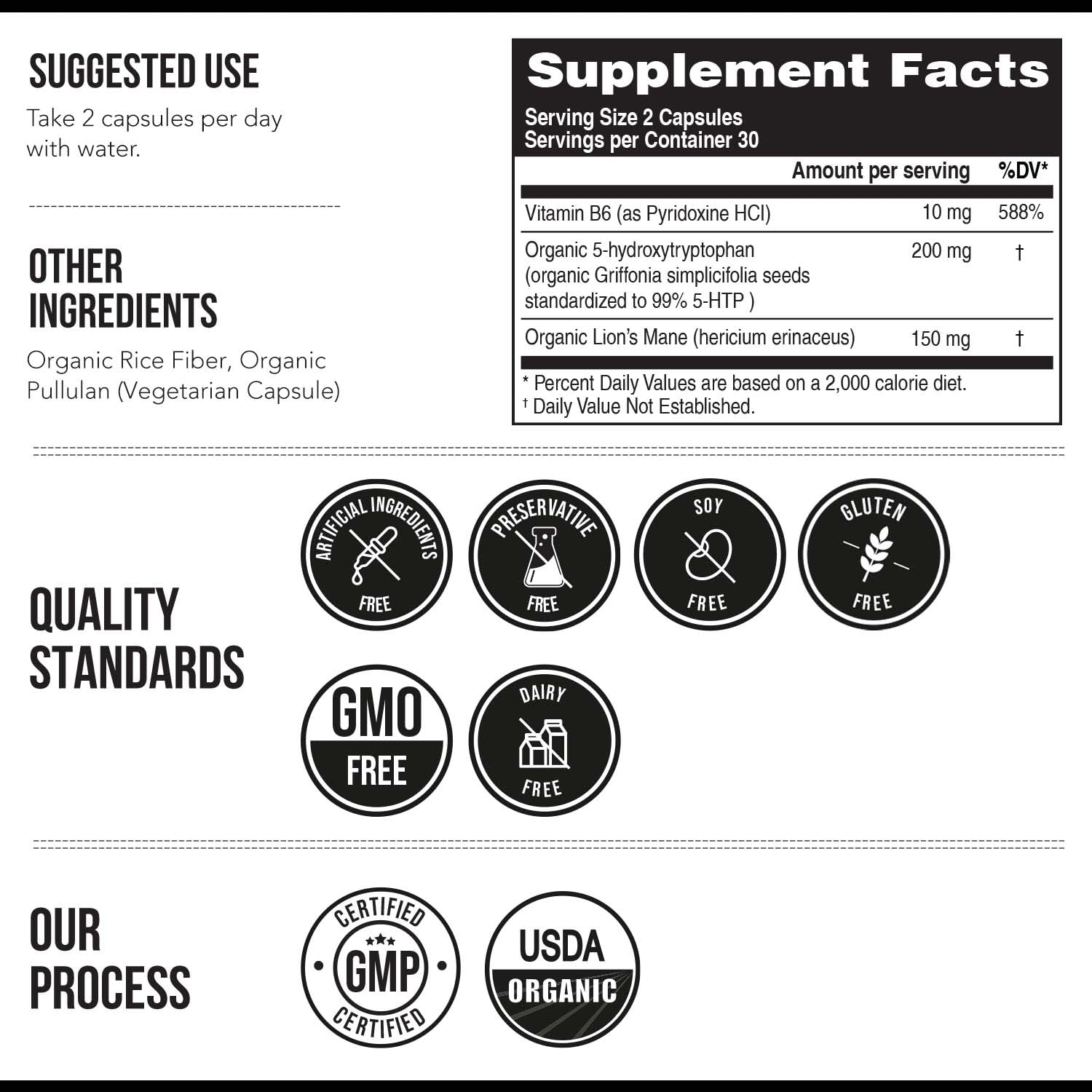 Organic 5-HTP - 200 mg | 99% 5HTP Concentration, Plus Cofactor Vitamin B6 & Lion’s Mane | Water Extracted from Organic Griffonia Seeds | Supports Mood, Cognition & Sleep (60 Capsules | 30 Servings)