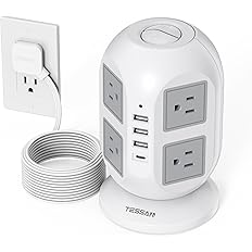Tower Surge Protector Power Strip 10 ft, TESSAN Long Flat Extension Cord with Multiple Outlets, 8 AC Outlets with 4 USB Ports
