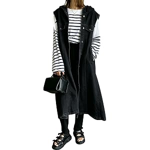 chouyatou Women's Denim Hoodie Vest Sleeveless Maxi Jean Jacket Coat