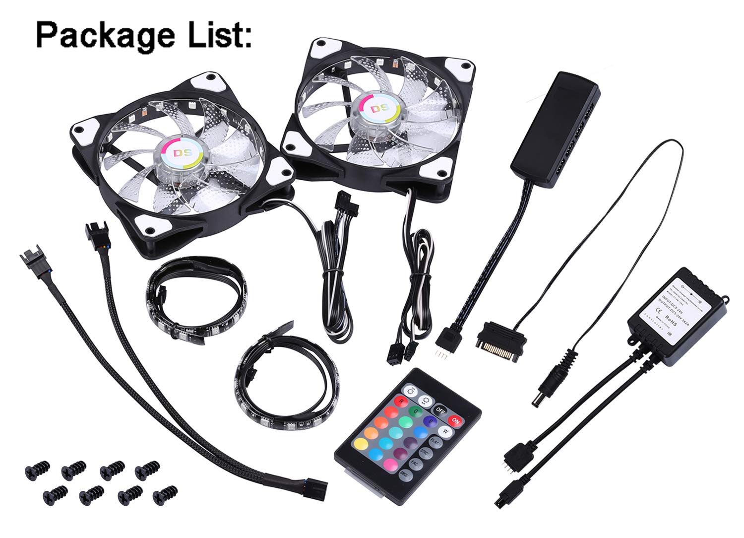 DS 2Pack 120MM RGB Case Fans with PC LED Strip Lighting, LED Silent Fans for Computer Cases, PC Case, CPU Cooler, Support to Aura or Mystic Light RGB SYNC (F Series)