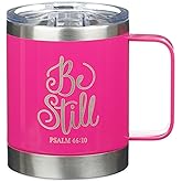 Christian Art Gifts Stainless Steel Double Wall Vacuum Insulated Camp Style Travel Mug 11 oz Pink Coffee Mug with Retractable Lid and Handle for Women with Bible Verse - Be Still -Psalm 46:10