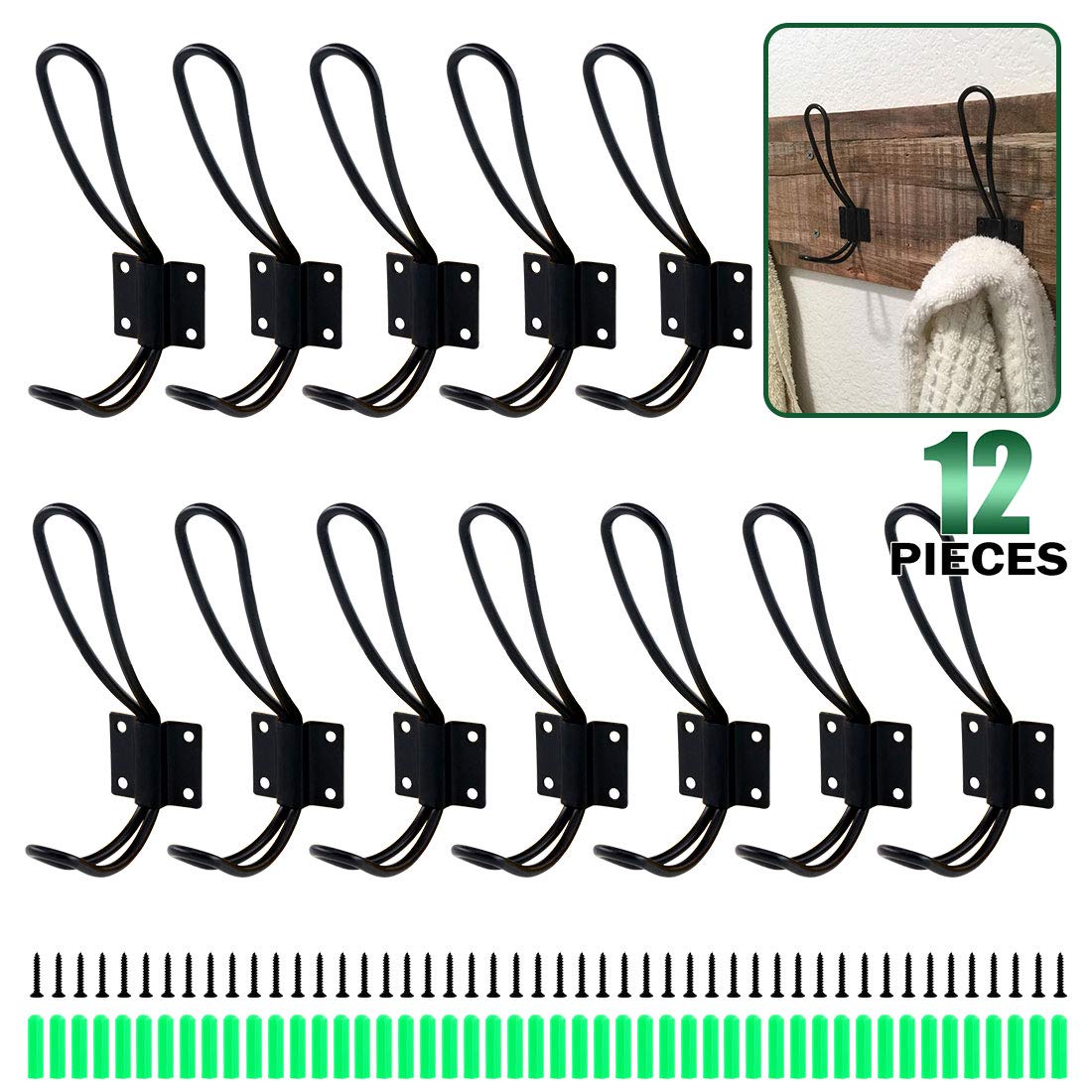Keadic 12 Pack Heavy Duty Rustic Black Coat Hooks Kit with Screws and Expansion Screws Included, Wall Mounted Coat Hanger | Double Vintage Wall Hooks for Hanging Look (Black - 12 Pack)