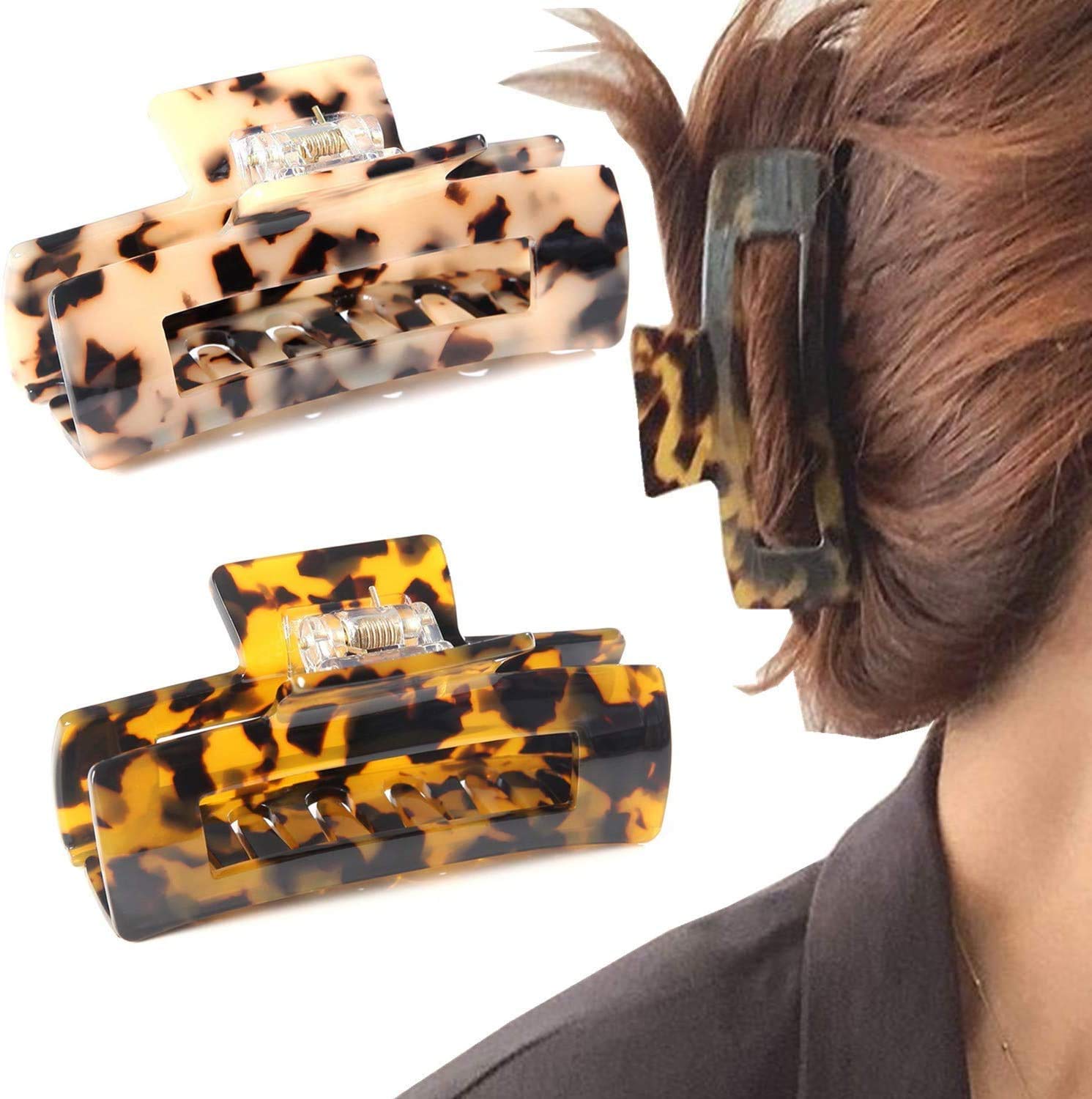 2PCS Extra Large Hair Claw Clips, Cutout Tortoise Shell Celluloid Hair Jaw Clips French Design Rectangle Hair Clamp for women