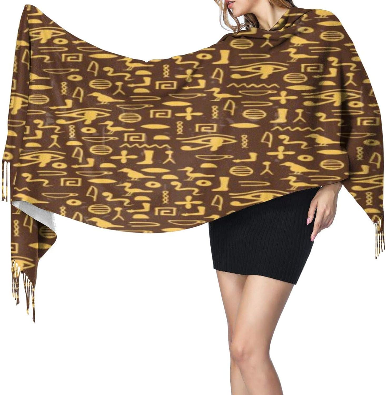 Cashmere fringed scarf Egyptian Hieroglyphics winter extra large scarf