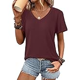 ATHMILE Womens V Neck Short Sleeve Summer T Shirts Curved Hem Plain Top Beach