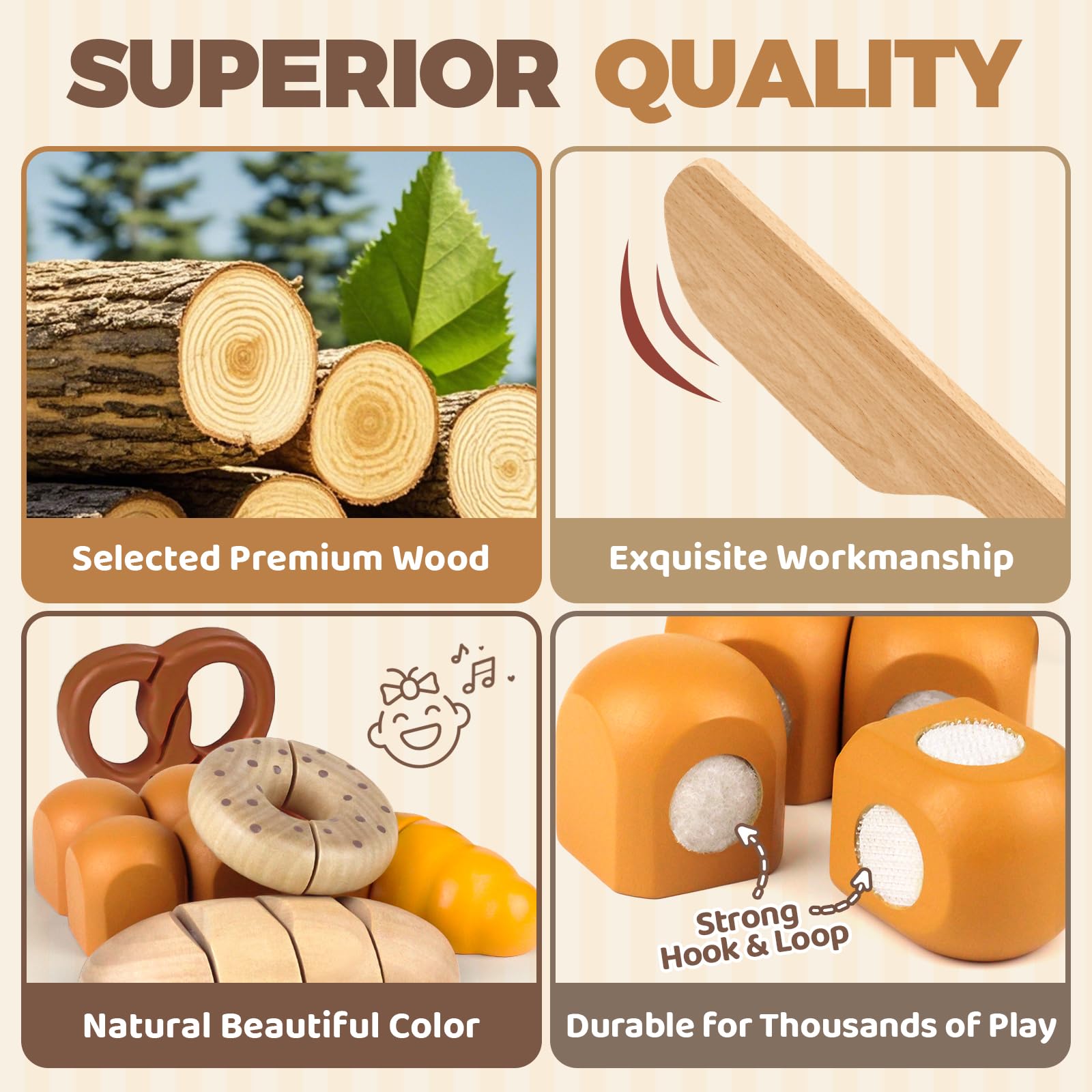 Airlab Kinderküche Spielküche Zubehör aus Holz, Küchenspielzeug Schneiden Brot Kinder, Bäckerei Spielzeug Lebensmittel Holz mit Klett-Verbindung, Holzspielzeug Küche Pädagogisches Rollenspiel Geschenk 4