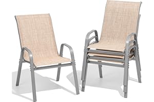 Dovov Patio Chairs Sset of 4, Easily Set Up Stackable Outdoor Dining Chairs with High Back and Wide Seat, All Weather Breathable Outdoor Chairs Set of 4 with Metal Frame for Backyard Deck Pool, Beige
