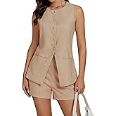 luvamia Linen Sets for Women 2 Piece Outfits Summer Shorts Button Down Vest Dressy Causal Vacation Comfy Matching Set