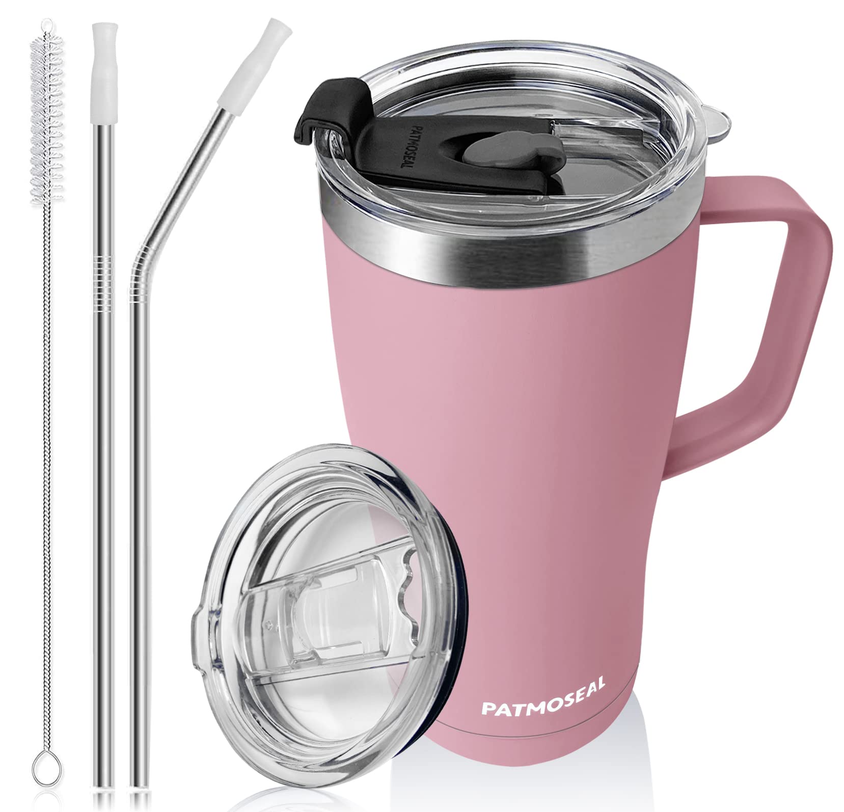 patmoseal Thermal Travel Mug with Handle, 20oz Tumbler with Straw Lid for Hot & Cold Drinks, Insulated Coffee Cup Reusable for Work Car (Pink)