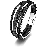 BOPREINA Men's Black Genuine Leather Bracelet with Stainless Steel Clasp Mens Braided Leather Silver Beads Multi-Layer Wristband Bangle Personality Leather Bracelet for Men