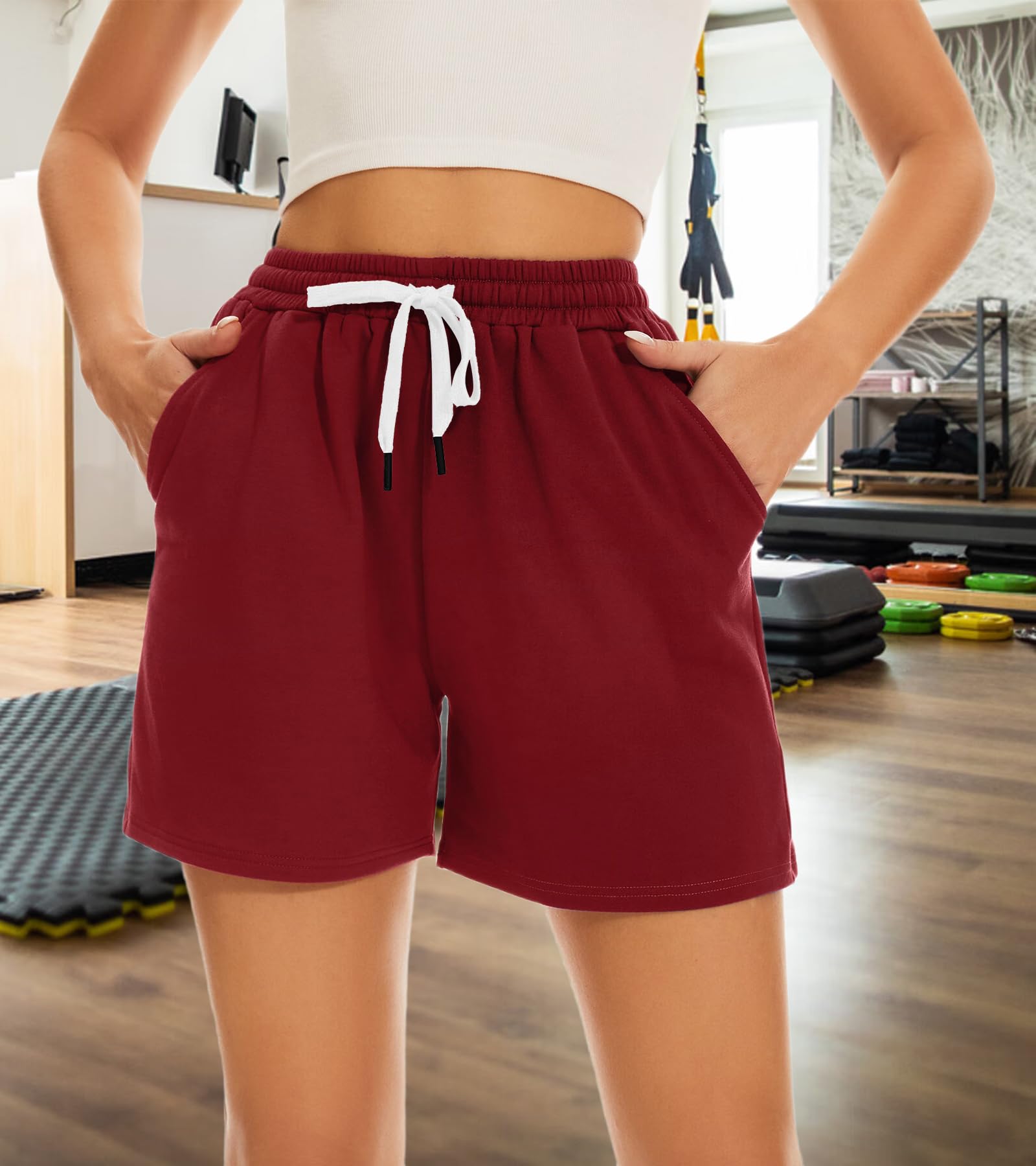 Photo 1 of Women's Summer Sports Shorts Cotton Short Pants with Pockets Swimming Loose High Waist Bermuda WineRed