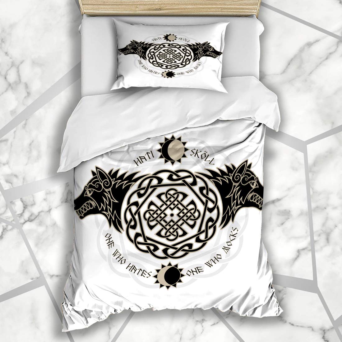 Ahawoso Duvet Cover Sets Twin 68x86 Two Wolves Wolf Norse Wisdom Hati Ring Skoll Signs Isolated Nordic Symbols Vintage Valknut Viking Soft Microfiber Decorative Bedroom with 1 Pillow Shams