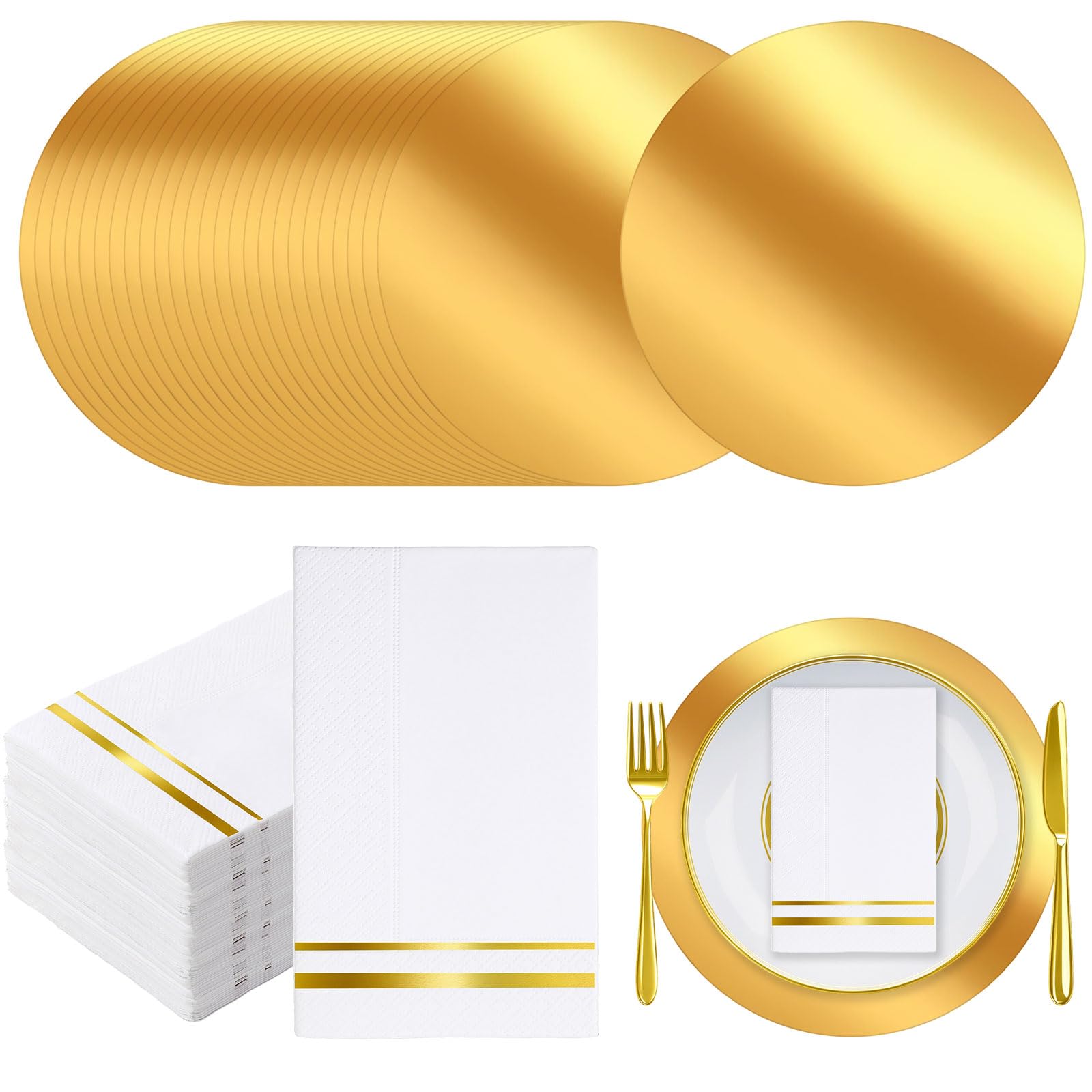 Photo 1 of 100 Pcs 13" Christmas Round Gold Placemats 100 Disposable Gold Foil Trim Napkins Mirrored Golden Chargers Place Mat for Banquet Birthday Wedding Table Setting Christmas Dinner New Years Party Decor